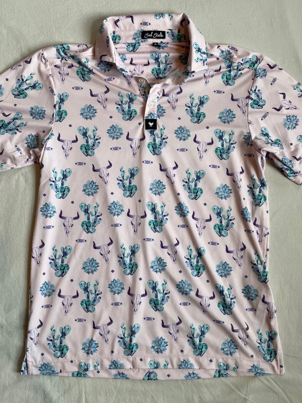 Bad Birdie Southern Tide Light Pink Polo with Teal Cactus & Purple Longhorns S